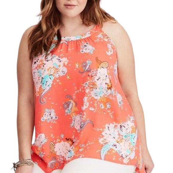 Torrid Floral Print Georgette High Neck Tank Top Size 2X Orange Sleeveless - Picture 1 of 14